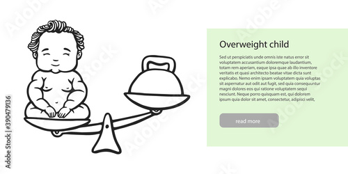 Hand drawn line illustration of baby on scales. big overweight child. Stock vector illustration.