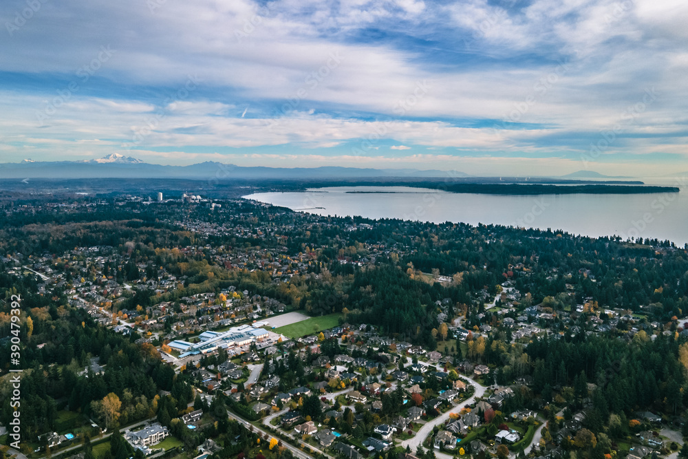 HDR Aerial photograph looking over Elgin Park and White Rock British Columbia Canada. 