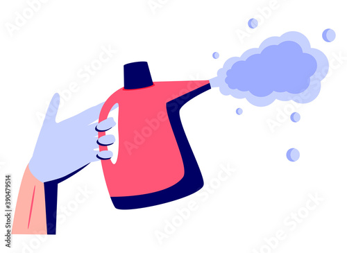Prevention concept. Disinfection and cleaning. A man in chemical protection disinfects. Methods of controlling the epidemic of coronavirus. Vector illustration flat design. Cleaner in the hand.