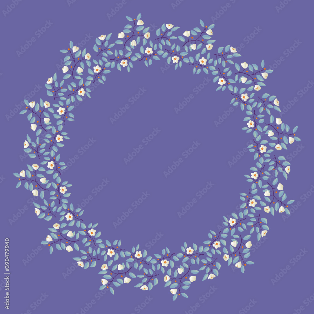 Floral wreath, branches with teal leaves and light cream flowers on purple. Vector illustration, design for poster, banner, invitation, book, fashion fabric, wrapping. Floral wreath, branches with teal leaves and light cream flowers on purple. Vector illustration, design for poster, banner, invitation, book, fashion fabric, wrapping.