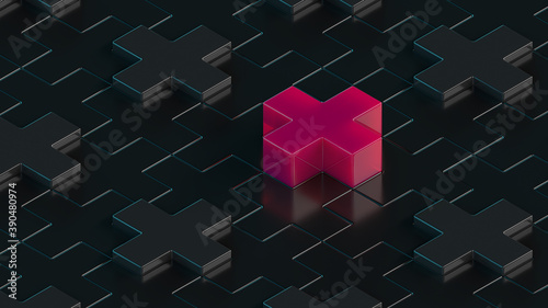 Abstract 3D render. Red and black medical cross or x or plus. Symbols or signs. Modern pattern illustration. Background wallpaper. Health care poster or banner design. Isometric composition.