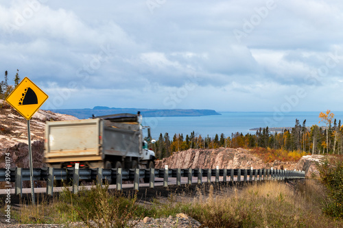 Dump truck on the trans-Canada highway near Thunder Bay , Ontario, Canada