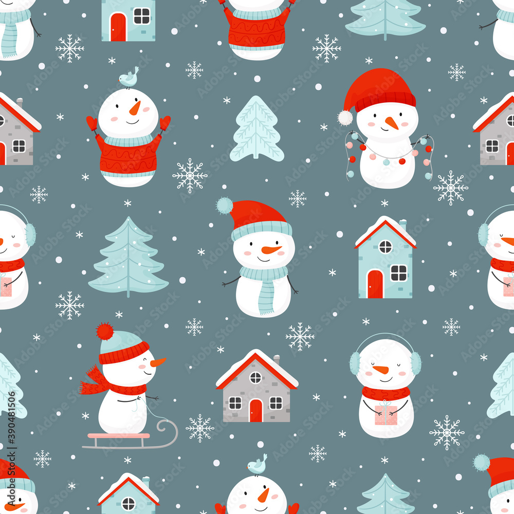 Holiday winter seamless pattern with funny snowmen, houses and Christmas trees.