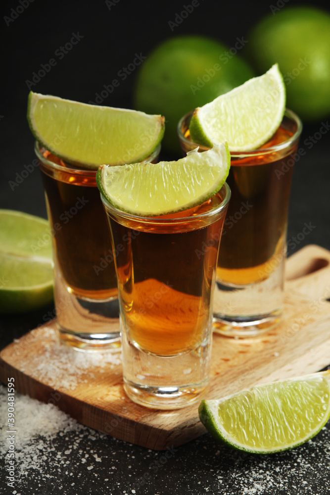 Shots with tequila with salt and lime Shots with tequila with salt and lime