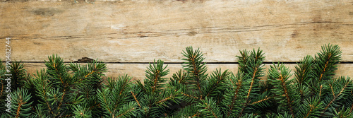 Wooden wall with Christmas tree branches. Christmas concept. Banner. Copy space