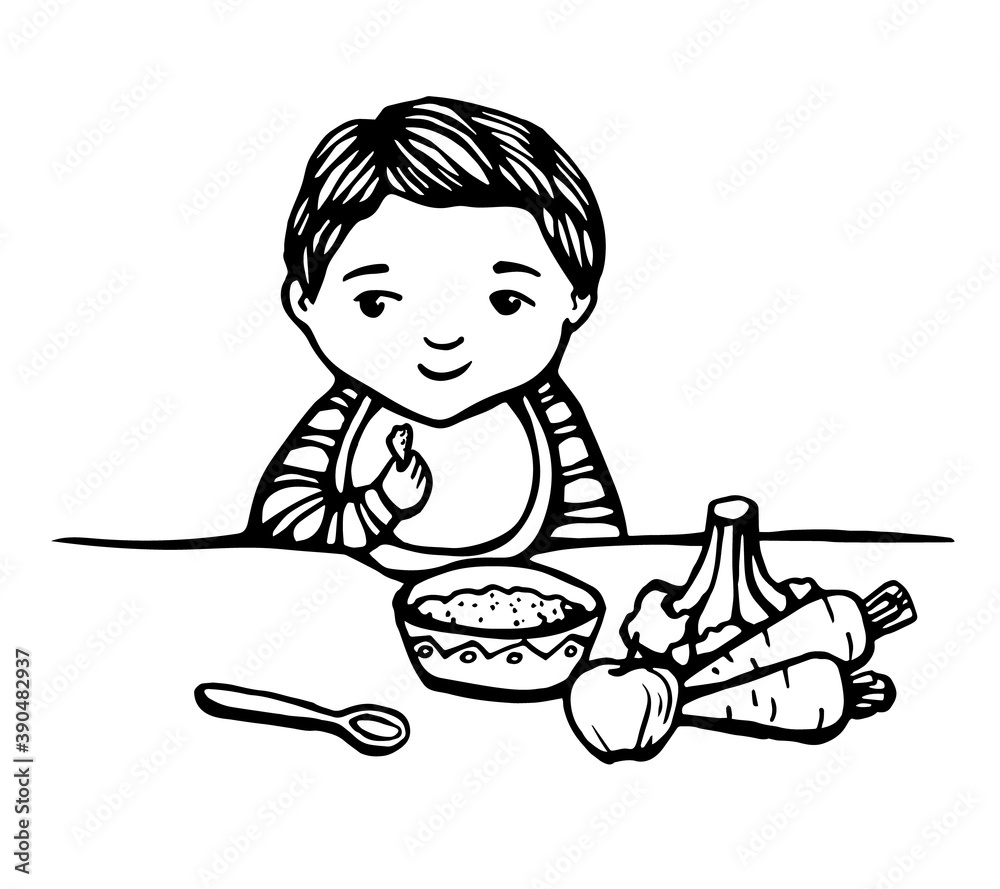 first baby food. Hand drawn line illustration of baby sitting with meal: bowl, spoon, apple, vegetables. Kid nutrition. Baby smiling and hold piece of food. Stock vector isolated illustration. first baby food. Hand drawn line illustration of baby sitting with meal: bowl, spoon, apple, vegetables. Kid nutrition. Baby smiling and hold piece of food. Stock vector isolated illustration.