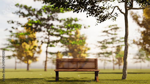 Foto Garden wood bench with a garden landscape background