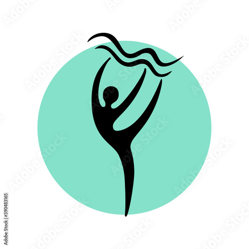 Abstract dancer black silhouette over round shape. Dance studio logo design template