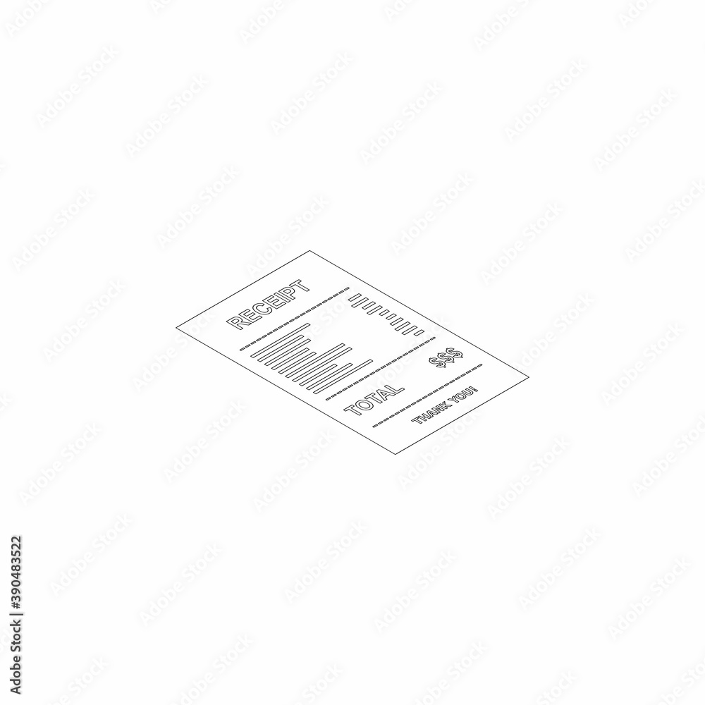 Receipt paper, bill check, invoice, cash receipt. Black outline. Right view isometric icon. Receipt paper, bill check, invoice, cash receipt. Black outline. Right view isometric icon.