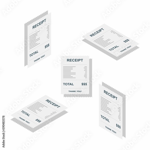 Receipt paper, bill check, invoice, cash receipt. Shadow design. Isometric & Flat icon.