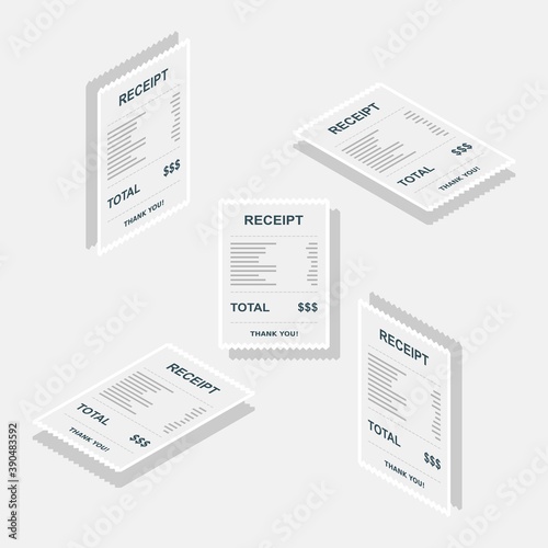 Receipt paper, bill check, invoice, cash receipt. White stroke and shadow design. Isometric & Flat icon.