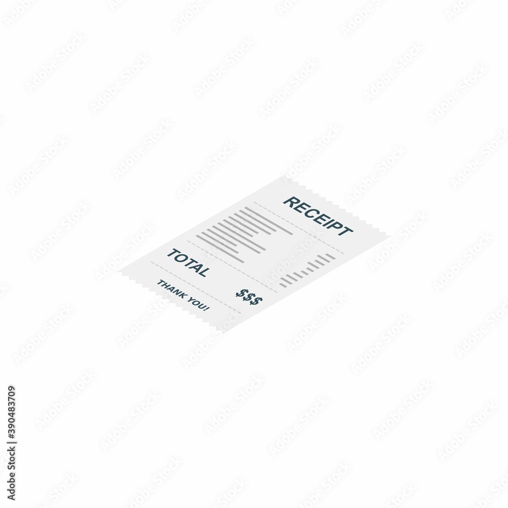 Receipt paper, bill check, invoice, cash receipt. White background. Left view isometric icon. Receipt paper, bill check, invoice, cash receipt. White background. Left view isometric icon.