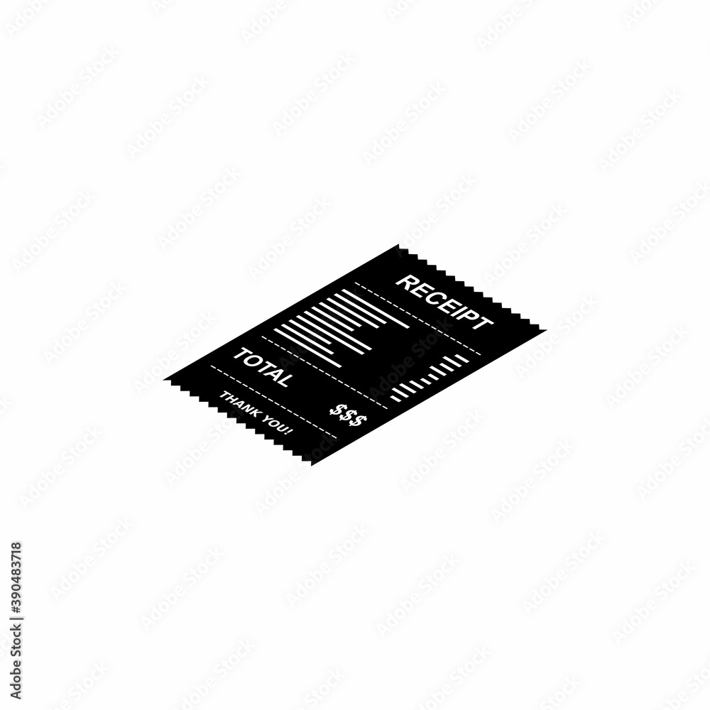 Receipt paper, bill check, invoice, cash receipt. White outline design. Left view isometric icon. Receipt paper, bill check, invoice, cash receipt. White outline design. Left view isometric icon.