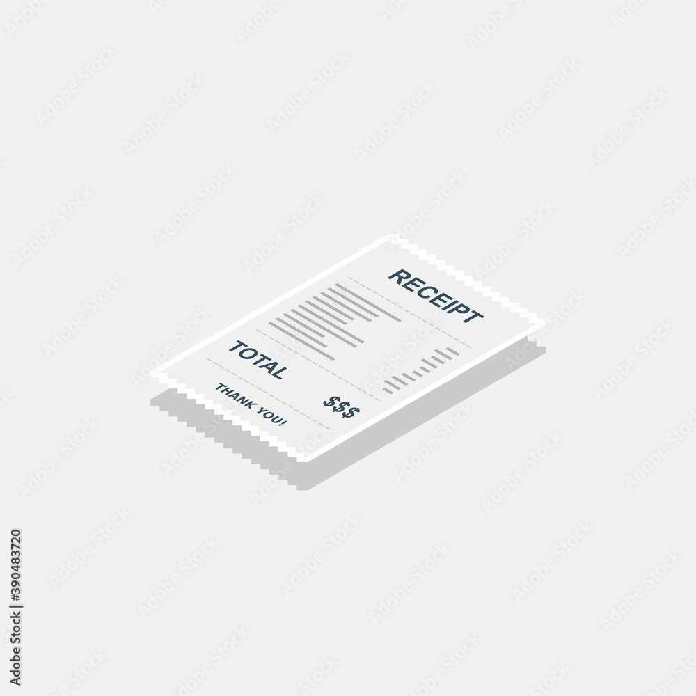 Receipt paper, bill check, invoice, cash receipt. White stroke and shadow design. Left view isometric icon. Receipt paper, bill check, invoice, cash receipt. White stroke and shadow design. Left view isometric icon.