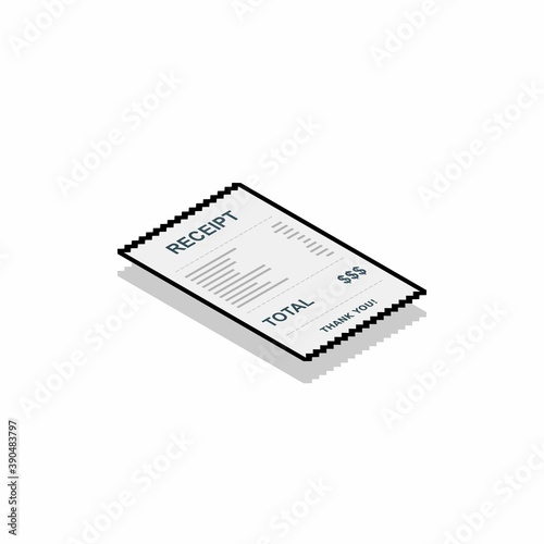 Receipt paper, bill check, invoice, cash receipt. Black stroke and shadow design. Right view isometric icon.