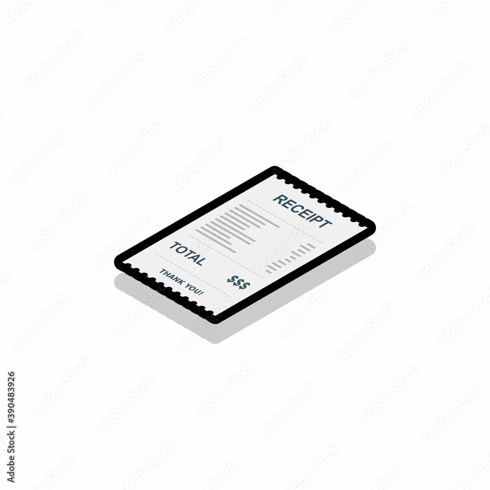 Receipt paper, bill check, invoice, cash receipt. Black stroke and shadow design. Left view isometric icon. Receipt paper, bill check, invoice, cash receipt. Black stroke and shadow design. Left view isometric icon.