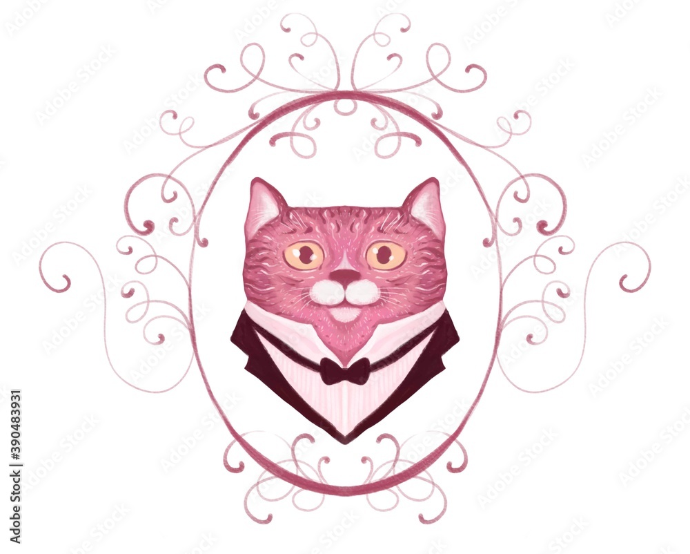 illustration of a vintage retro cat, portrait of a gentleman, in a frame in vignettes. Hand drawn in 19th century style, pink shades.
