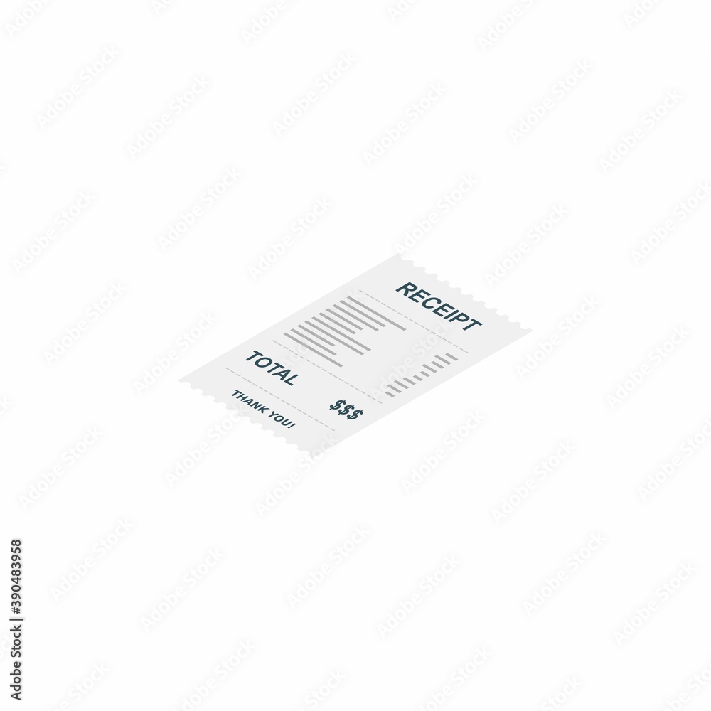 Receipt paper, bill check, invoice, cash receipt. White background. Left view isometric icon. Receipt paper, bill check, invoice, cash receipt. White background. Left view isometric icon.