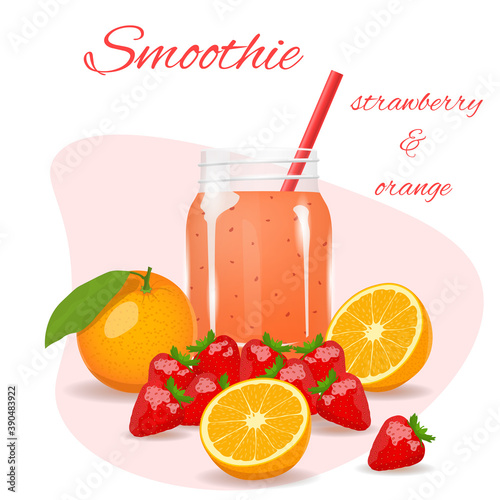Smoothie flyer, strawberry and orange. Fresh fruits, healthy food, detox, vegan concept. Isolated vector illustration.