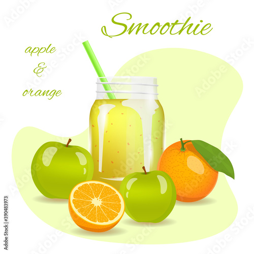 Smoothie flyer, apple and orange. Fresh fruits, healthy food, detox, vegan concept. Isolated vector illustration.