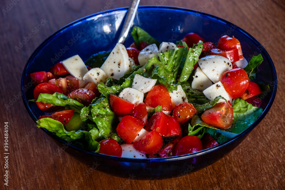Tomato and cheese salad in a blue bowl Tomato and cheese salad in a blue bowl