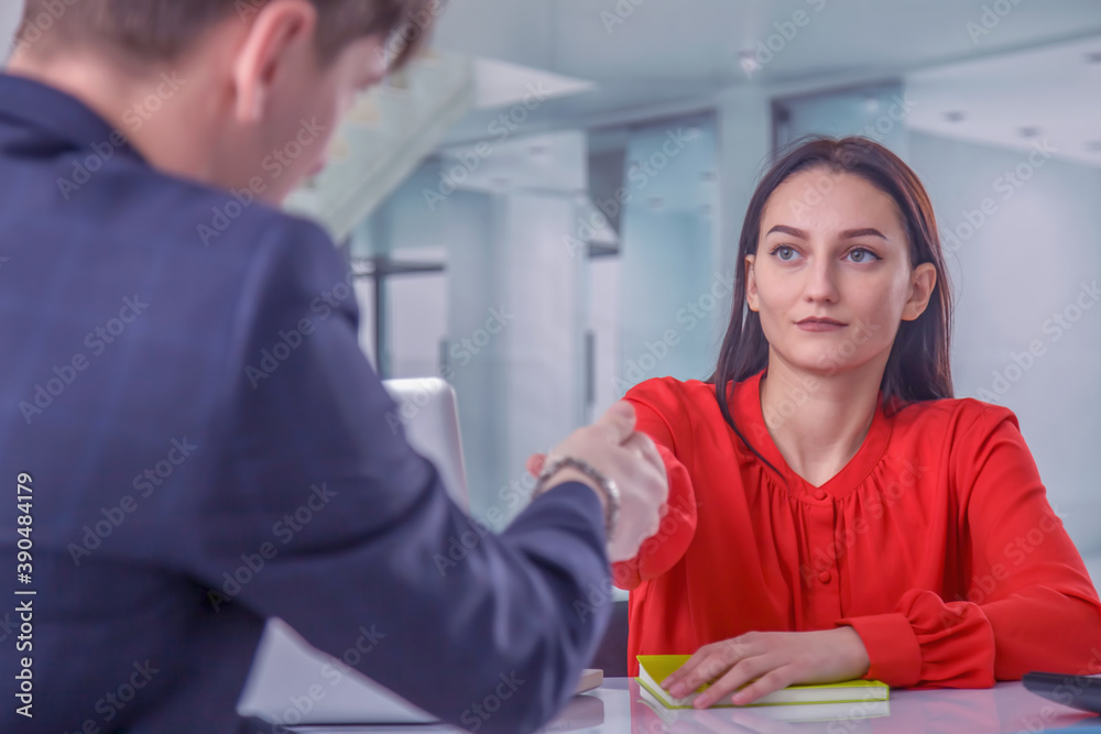 Obraz premium Business, new job, interview the job and hiring concept. Job applicant greets and makes handshake with new male employee. Horizontal image.