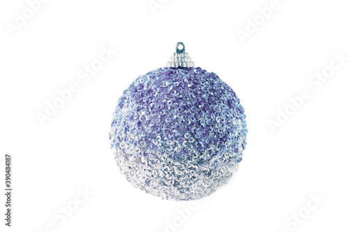 Christmas decor. Silver-lilac ball of sequins on white background.Isolated	