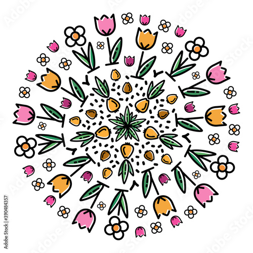 Flower circle in vector. From bulb to flower. Icons of spring flowers in a circle, icons of tulips, daffodils, bulbs. Autumn flower planting. Decorative ornament in a circle of flowers.