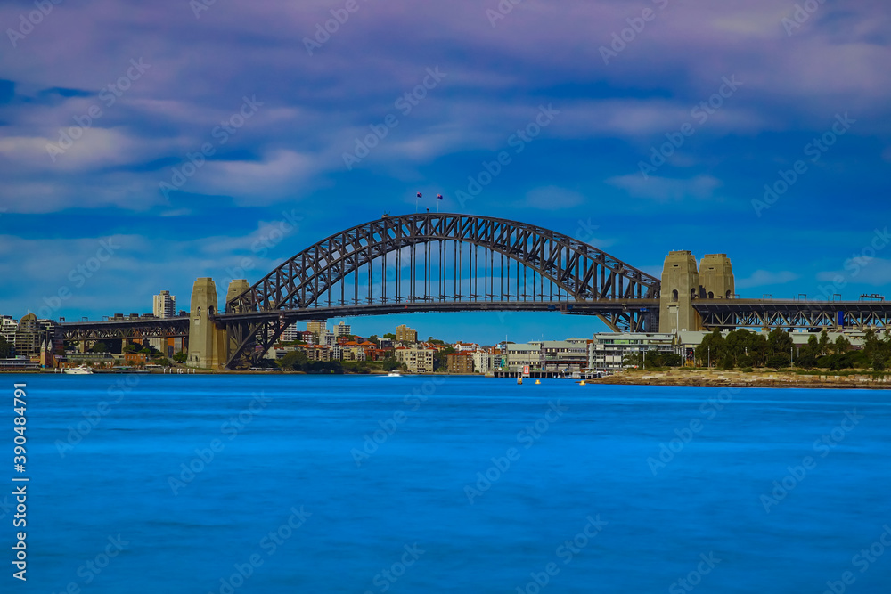 Camera Shutter Long Exposure view of Sydney Harbour Bridge viewed from Balmain wharf