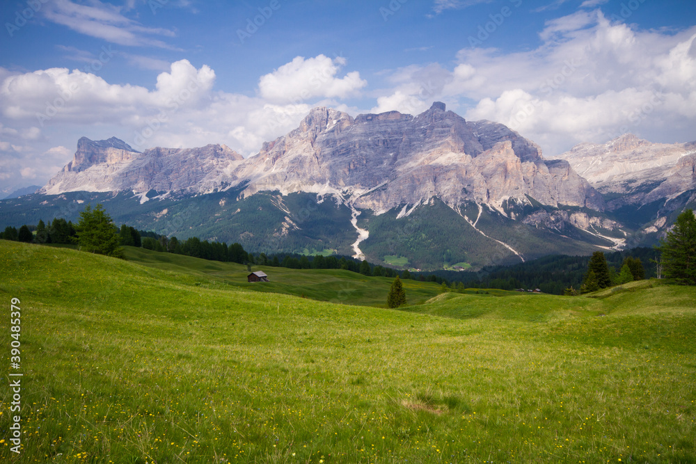 dolomites mountains view from green summer fields, blue sky and white clouds, italy