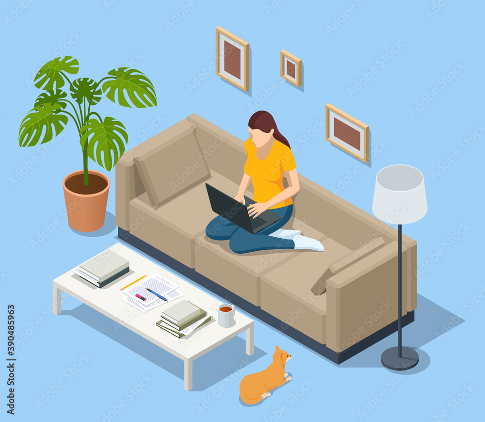 Isometric business woman working at home with laptop and papers on desk. Freelance or studying concept. Online meeting work form home. Home office. - obrazy, fototapety, plakaty 