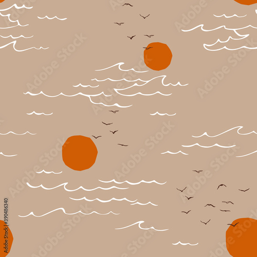 Seascape, sea and sun, wave, summer sign with seagulls.  Seamless pattern. Minimalist style.