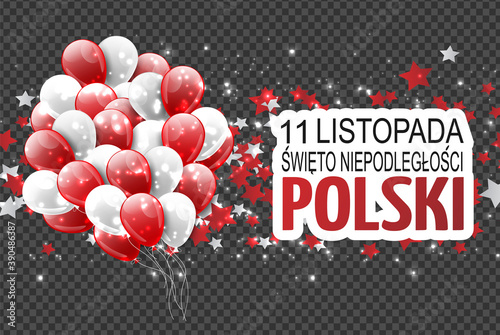 Święto Niepodległości Polski 11 listopada (in Polish) - Poland Independence Day 11 November. Holiday celebration banner or poster. Decoration graphics with national red and white flag.