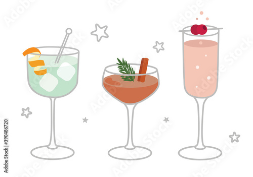 christmas festive cocktails set - isolated, editable vector illustrations