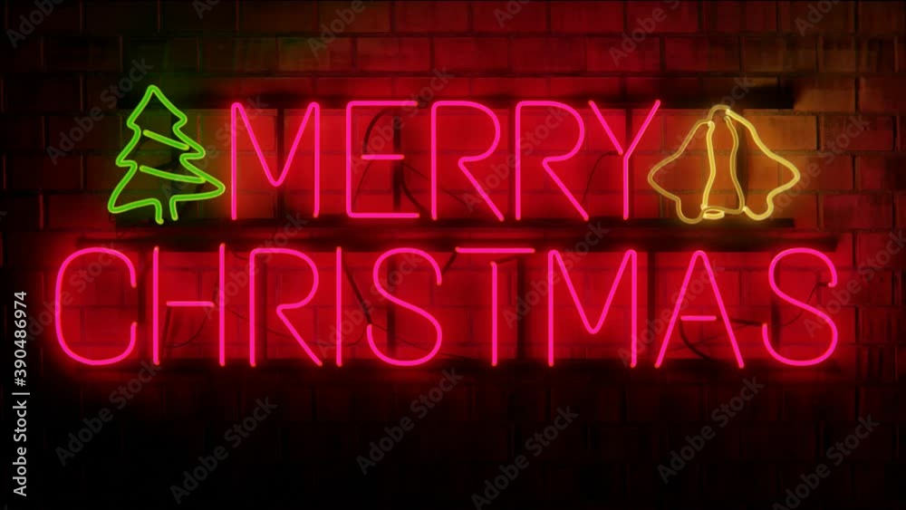 Merry Christmas neon sign with brick background. Looped animation Stock