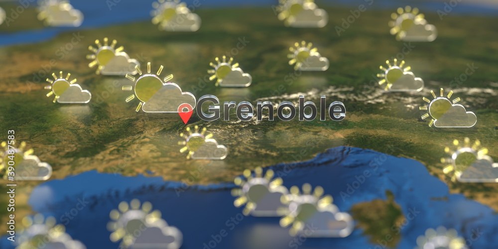 Grenoble city and partly cloudy weather icon on the map, weather forecast related 3D rendering Grenoble city and partly cloudy weather icon on the map, weather forecast related 3D rendering