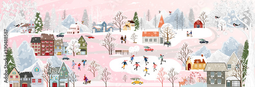 Winter landscape at night with people having fun doing outdoor activities on new year,Christmas day in village with people celebration, kid playing ice skates, teenagers skiing with snow falling