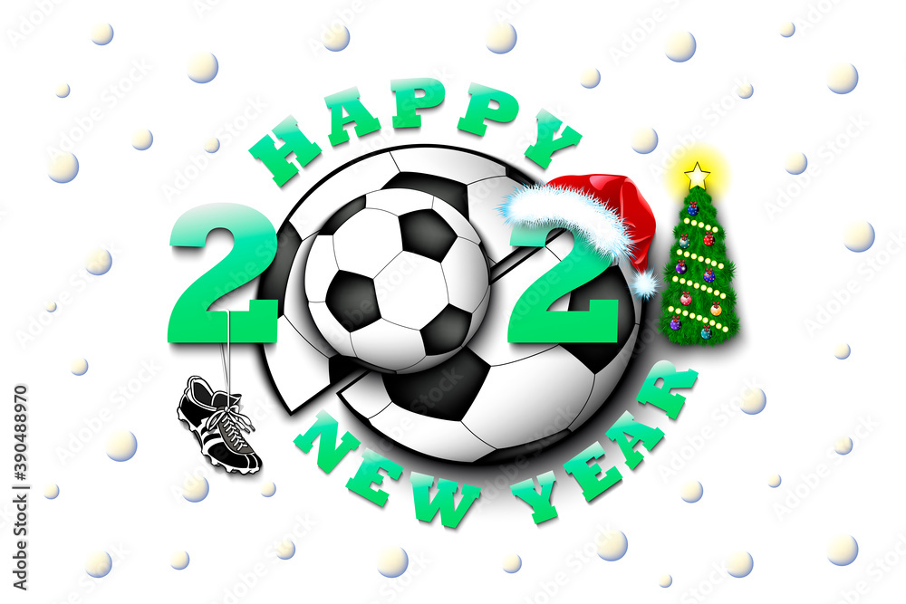 Happy new year 2021 and soccer ball with football boot and Christmas hat. Creative design pattern for greeting card, banner, poster, flyer, party invitation, calendar. Vector illustration Happy new year 2021 and soccer ball with football boot and Christmas hat. Creative design pattern for greeting card, banner, poster, flyer, party invitation, calendar. Vector illustration
