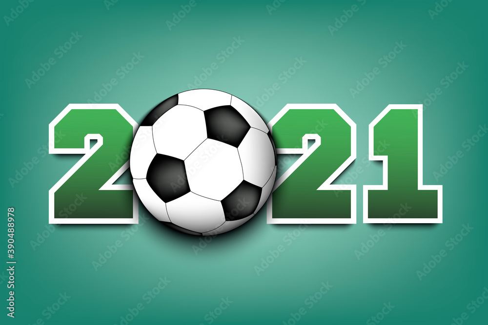 Obraz premium New Year numbers 2021 and soccer ball on an isolated background. Design pattern for greeting card, banner, poster, flyer, party invitation, calendar. Vector illustration