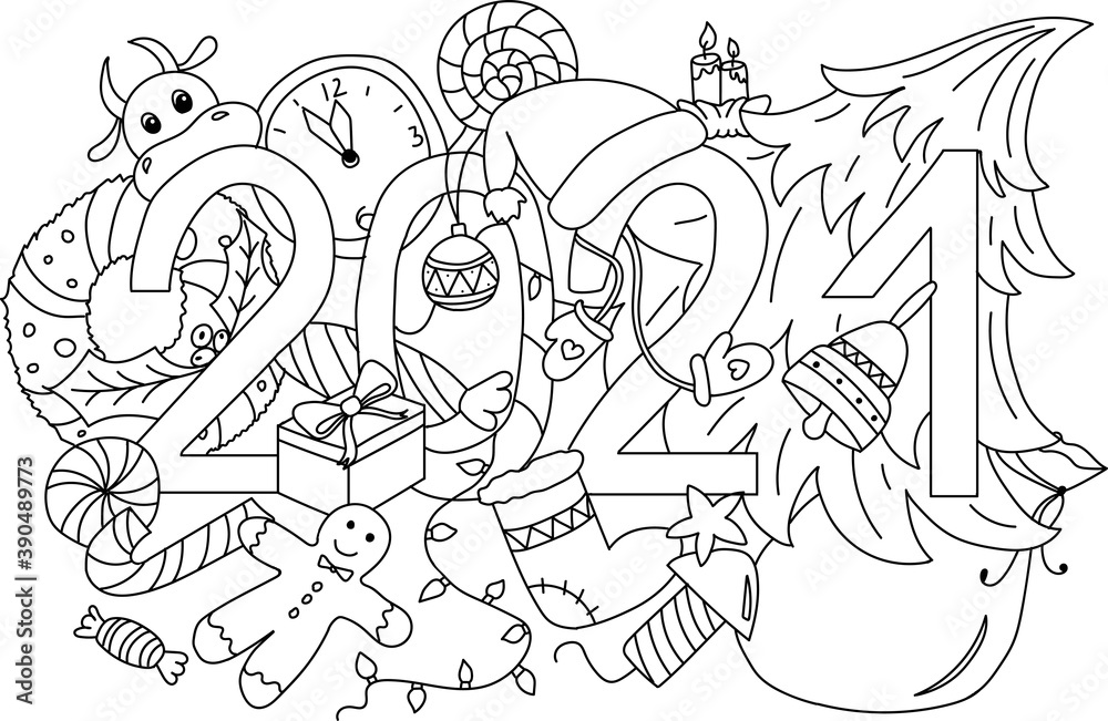 Fototapeta premium 2021 New Year hand lettering doodles elements background. Vector illustration