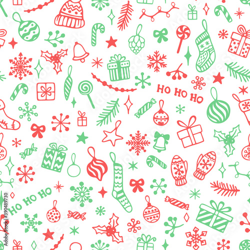 Vector seamless pattern with hand drawn Christmas elements. Cute design for wrappings, textile and backgrounds