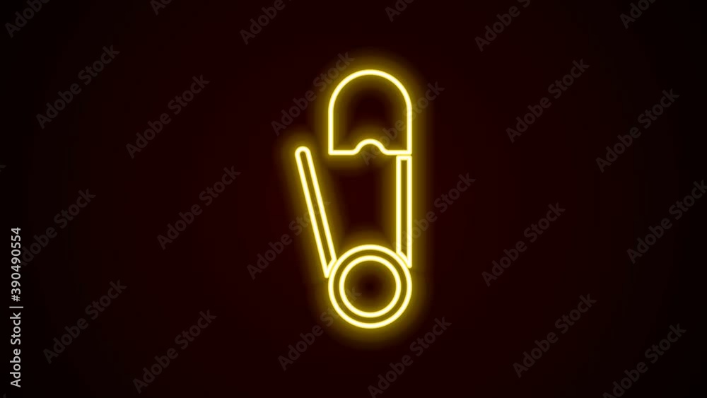 Glowing neon line Classic closed steel safety pin icon isolated on black background. 4K Video motion graphic animation Glowing neon line Classic closed steel safety pin icon isolated on black background. 4K Video motion graphic animation