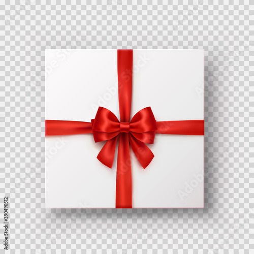 Box mock up top view with red bow isolated on transparent background. White 3d surprise template. Vector empty Christmas gift package or New Year present wrap