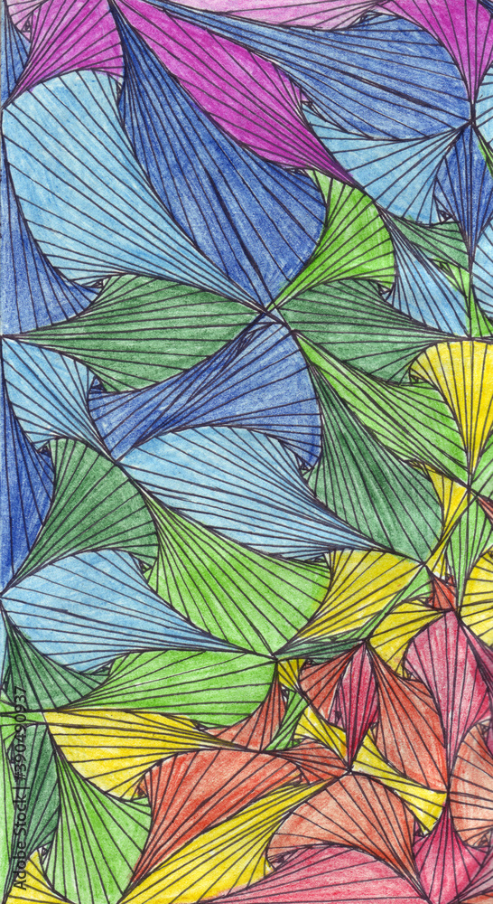An abstract rainbow-colored pattern similar to plant petals or shells. Background.