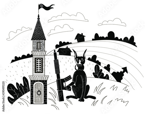 A tower is drawn in a clearing, a dog with a machine gun sits next to it and guards it, meadows, trees, houses and clouds are drawn against the background. The drawing is drawn in black.
