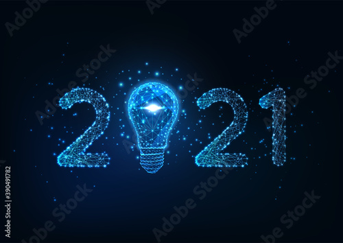Happy New Year digital web banner with futuristic glowing low polygonal 2021 number and light bulb