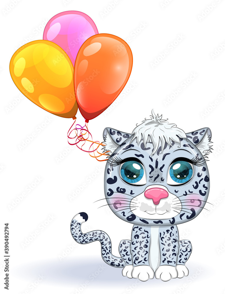 Cartoon snow leopard with expressive eyes. Wild animals, character, childish cute style.