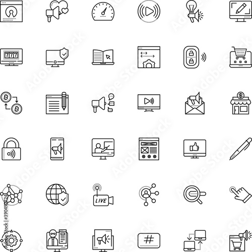 internet vector icon set such as: gauge, logicality, unlock, cellphone, sticker, creativity, web page, book, browser, complex, shape, bet, presentations, lucky, lcd, e-learning, shopping