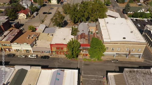 Drone birdseye view of old buildings in historic Yreka, California