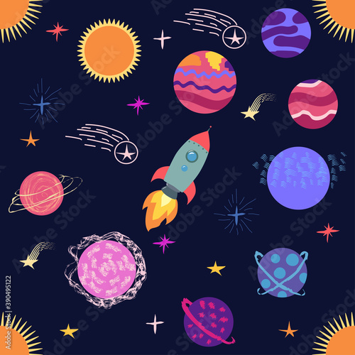 Seamless outer space ufo rocket science kids background pattern